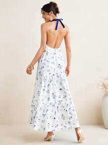 VALERIA GALIPOLI Vestito lungo a-line estivo in stile boho, senza maniche, con scollo ad altalena, con schienale aperto e stampa, adatto per spiaggia