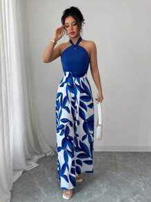 Breezaya 露肩系腰无袖印花连体裤，时尚海滩度假风 - 寶藍色 - 查看 4