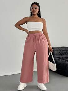 SHEIN PETITE CURVE 加大码纯色纹理面料松紧腰抽绳休闲全弹力裤，夏季 - 淺粉色 - 查看 3