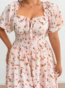 Flirla Summer Women Romantic Elegant Vacation French Style Ditsy Floral Ruffled V-Neck Sexy Bowknot Decorative Fish Bone Gathered Waist Slim Long Dress, Soft And Graceful