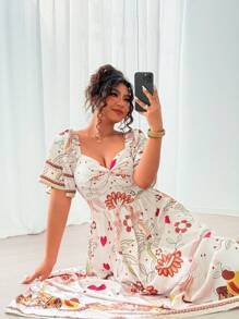 Flirla Plus Size Women Tropical Holiday Placement Print Twist Ruffle Flared Sleeve Dress - Multicolor - View 6