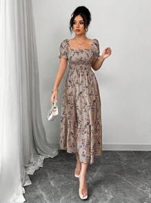 Elenzga Đầm Maxi Tay Ngắn Cổ Vuông Xếp Ly Cho Nữ, Có Họa Tiết Hoa Nhỏ, Phù Hợp Mặc Hàng Ngày Thường Ngày, Đi Làm, Du Lịch, Bãi Biển, Boho, Phương Tây, Lễ Hội Âm Nhạc, Phong Cách Đồng Quê - Màu nâu  Mocha - Xem 6