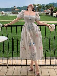 DAZY Vestido romántico con estampado floral estilo francés, moda para mujer