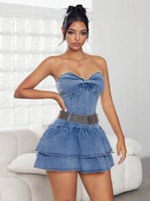 Jeanoix 蝴蝶结造型牛仔紧身连衣裙，短款荷叶边下摆休闲夏季新款收腰性感连衣裙 - 藍色 - 查看 5