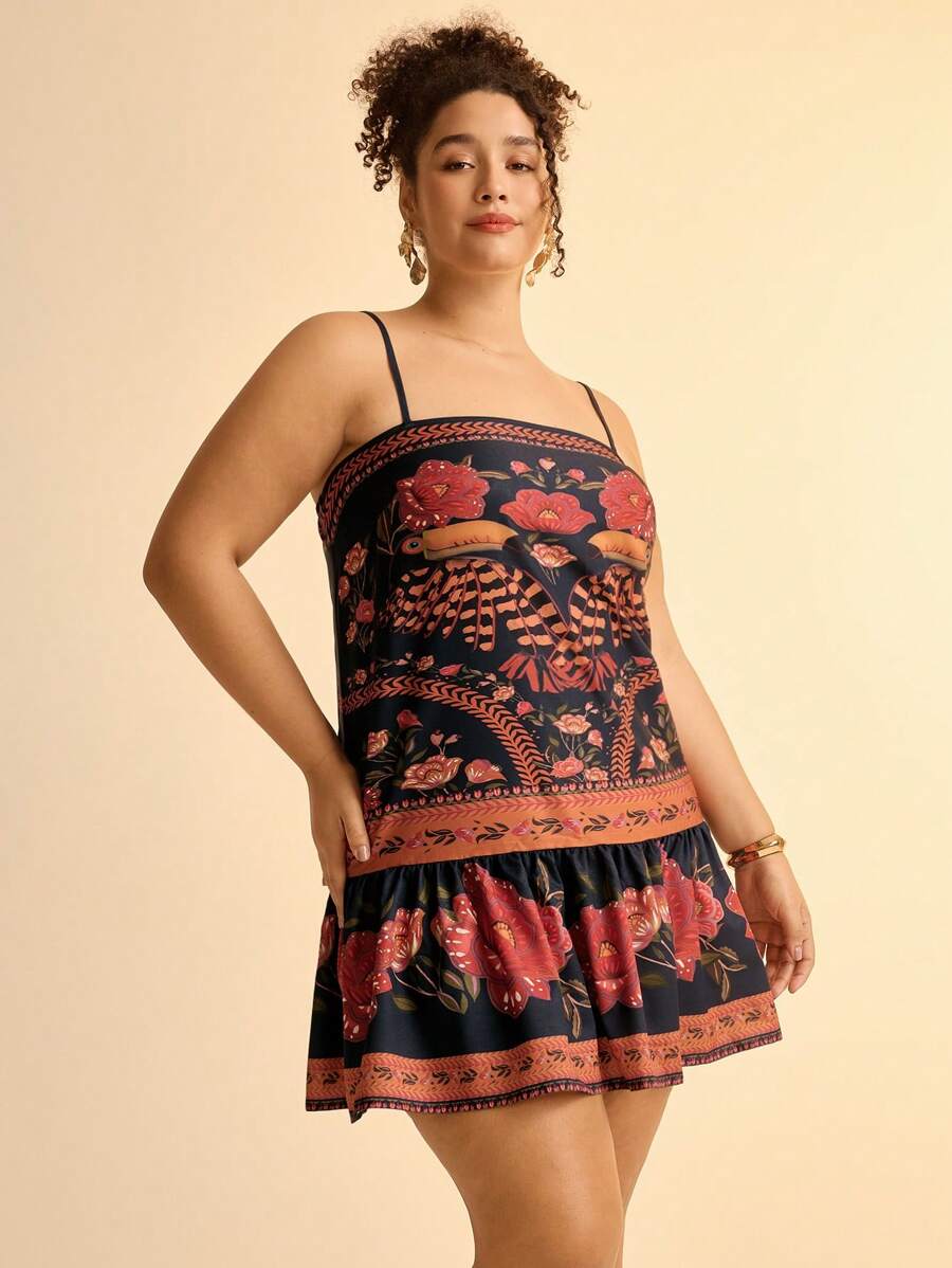 CAJUNI Vestido corto casual de playa negro con estampado floral tropical colorido y tirantes de espagueti para mujer de talla grande