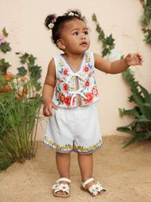 SHEIN Baby Girl Floral Print Halter Top With Tie Front And Matching Shorts Set - White - View 4