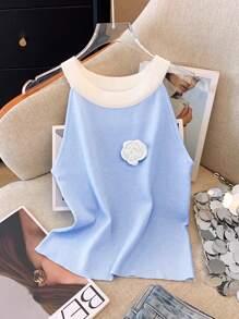 SHEIN Clasi Women Sleeveless Adjustable Floral Design Round Neck Tank Top, Elegant Casual - Blue - View 3
