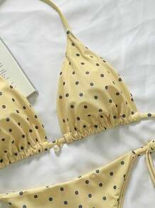 Swim Mod Springbreak Women's Polka Dot Print Halter Tie Front Bikini Set Set, Random Print For Summer Beach Vacation - Yellow - View 3
