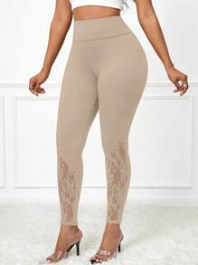 SHEIN Lady 蕾丝拼接纯色高腰女式紧身裤 - 卡其色 - 查看 3
