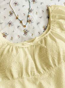 SHEIN TEENGIRL Yellow Bubble Texture Fabric Square Collar A-Line Short Shirt, Sweet & Cute, College Style Shirt