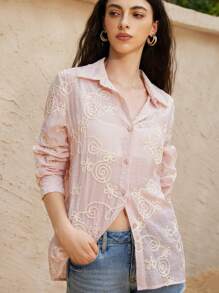 SHEIN Unity Camisa de manga larga de dama, nueva para verano, con cierre de botones delanteros, diseño holgado y estilizador, bordado 3D floral, cinta de gran resistencia, fresca y versátil - Rosa Pálido - Ver 4