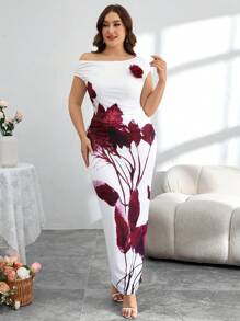 Modelyn Damen Große Größen elegantes 3D-schräge Schulter Top und körperbetonter Rock 1 Stück bedruckter Strickkombi 2 Teile Set - Rot-Weiß - Übersicht 4