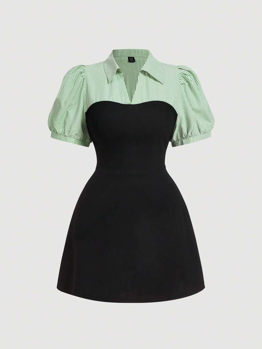 SHEIN MOD 大码蓝白条纹拼接绿色优雅商务休闲两件套西装