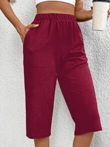 EMERY ROSE 女式纯色口袋松紧腰休闲七分裤 - 酒紅色 - 查看 1