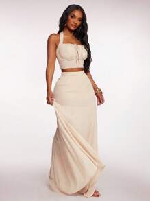 Radiana 女式米色棉质波西米亚风夏季套装：露背挂脖吊带背心 + 飘逸长裙 2 件套，节日/度假装，沙滩/海岛装 - 杏色 - 查看 5