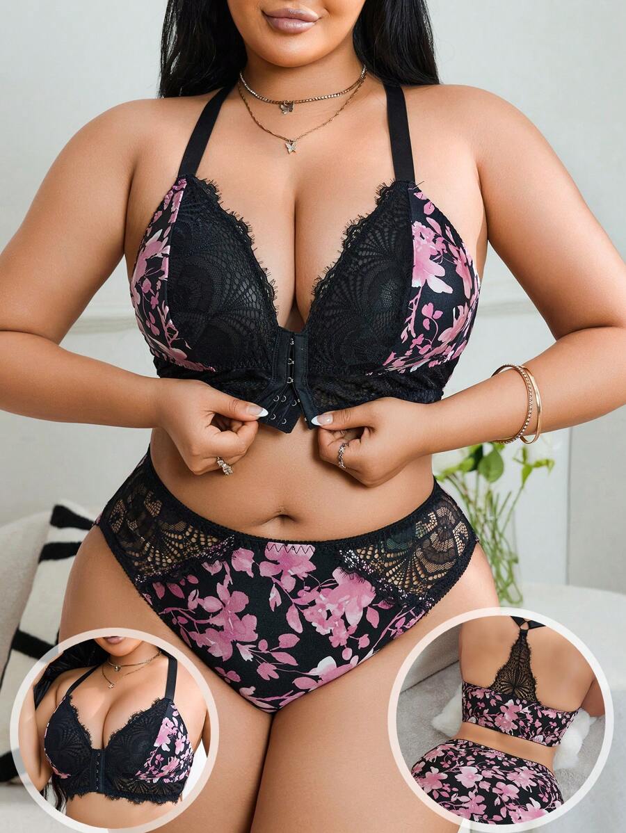 SHEIN 2pcs Lace Patchwork Printed Front Closure Wireless Lingerie Bra & Panty Set - Multicolor - View 1