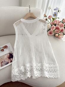 SHEIN Privé 大码女装2024夏季新款针织镂空抽绳V领背心上衣 - 白色 - 查看 2