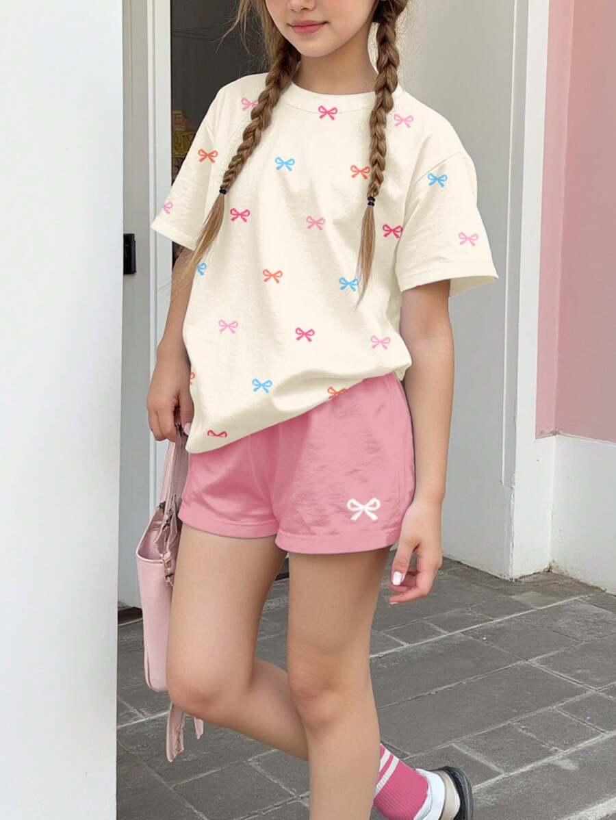 SHEIN 2pcs Tween Girls' Casual Minimalist Bow Decor Short Sleeve Top And Shorts Set, Summer - Multicolor - View 1