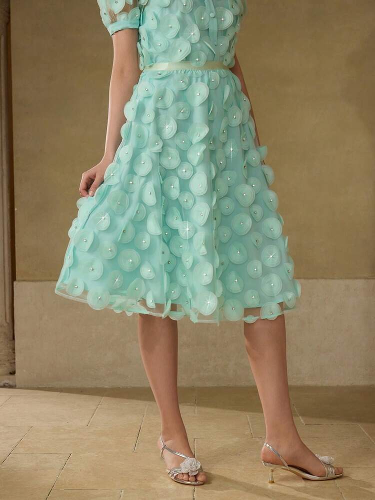 RHINESTONE DETAIL APPLIQUES CONTRAST MESH ELEGANTL SPRING SKIRT