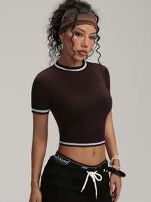 Easithlete 无缝高弹力撞色条纹修身运动T恤，夏季 - 棕色 - 查看 7