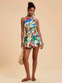 Travachic Women's Palm Tree Print Cutout Waist Sleeveless Jumpsuit, For Vacation,Vacation,Summer,Summer Outfits For Women,Holiday Outfits - Green - View 5