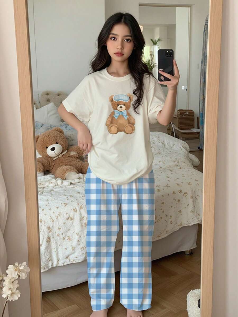 SHEIN Leap Crew 青少年女孩可爱小熊印花休闲简约圆领短袖和裤子家居服套装，夏季 - 彩色 - 查看 1