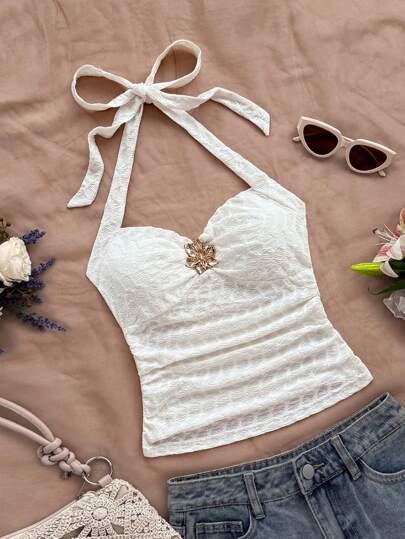 Soleia 女士度假吊带 V 领花卉金属扣白色针织纹理修身吊带背心，适合音乐节、波西米亚风假期、约会、下午茶