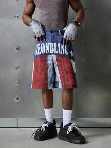 NEON BLANC Men's Streetwear Style Vertical Striped Letter Print Woven Casual Shorts, School - Blue and White - View 2