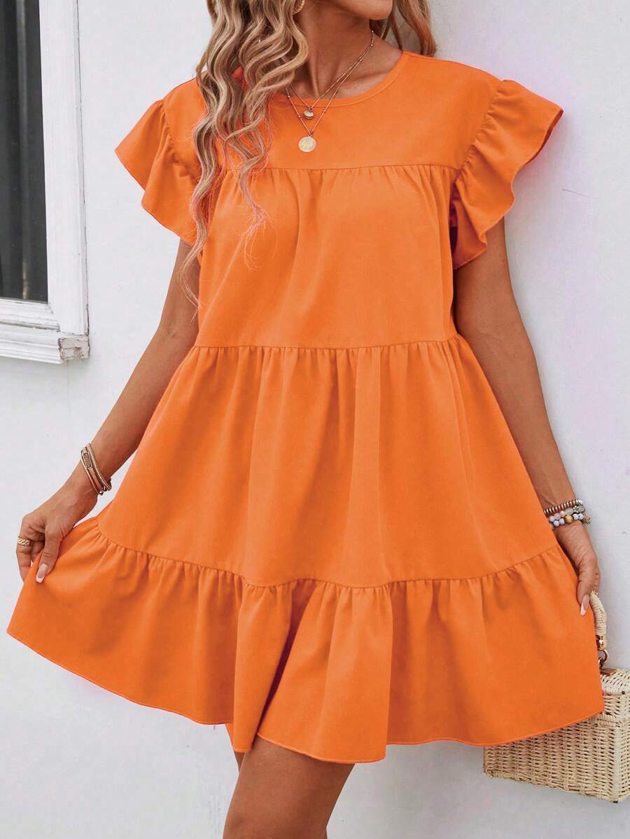 Breezaya Đầm babydoll rộng rãi cổ tròn màu trơn mùa hè cho nữ có viền bèo nhún trang phục đi biển - trái cam - Xem 1
