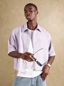 SUMWON Gingham Check Short Sleeve Casual Fashion Hotline Print Button Down Boxy Fit Shirt Spring Summer Streetwear Apparel