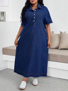 SHEIN Lady 大码休闲牛仔连衣裙，蓝色，短袖 - 深色水洗藍 - 查看 3
