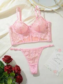 女士蕾丝拼布性感内衣套装 2 件 - 粉色 - 查看 7