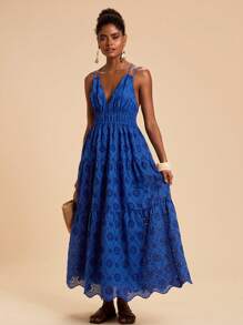 Travachic 度假休闲纯色镂空刺绣吊带连衣裙，女士度假装，女士婚礼宾客礼服，海滩度假装，女士夏季装，女士夏季连衣裙，女士连衣裙，夏季连衣裙 - 藍色 - 查看 5