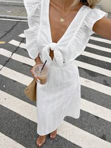 Serisse 女士纯色镂空刺绣系带荷叶边下摆休闲中长连衣裙 - 白色 - 查看 7