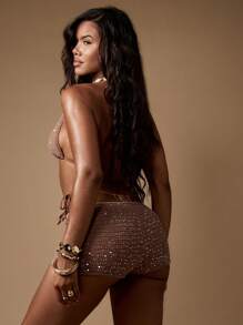 MISSGUIDED Beach Cover Up Shorts High Waisted Sequin Knit Summer Festival Pool Party Booty Shorts - Brown - View 2