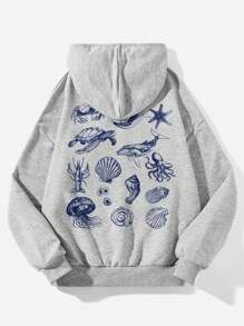 SHEIN EZwear 休闲简约海洋生物印花连帽长袖宽松女士运动衫，适合度假、双面、女生旅行 - 淺灰色 - 查看 3