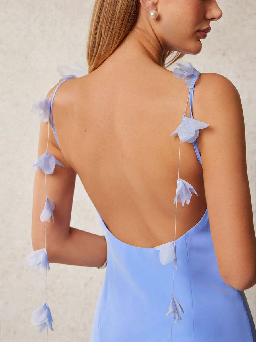 L'Amorae Vestido de mujer con corte al bies y detalle de tirante con flor y espalda baja