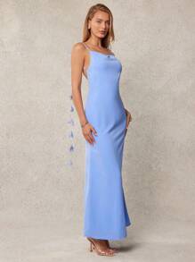 L'Amorae Vestido de mujer con corte al bies y detalle de tirante con flor y espalda baja