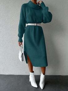EURMUSE Women Casual Solid Color Turtleneck Knit Sweater Dress, Autumn/Winter,Petite - Green - View 3