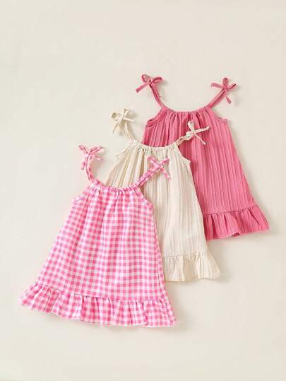 SHEIN Playful Pals 3 件套女童夏季连衣裙套装，包括纯色和条纹吊带裙，带蝴蝶结装饰，适合日常休闲穿着