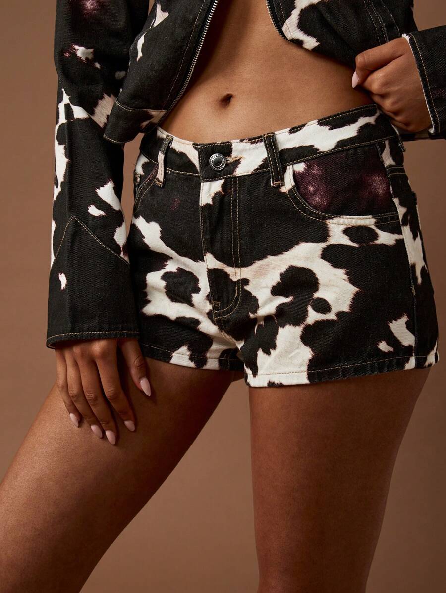 MISSGUIDED 牛仔印花西部牛仔热裤牛仔竞技节高腰牛仔短裤毛边俱乐部派对舞蹈夏季 - 黑與白 - 查看 1