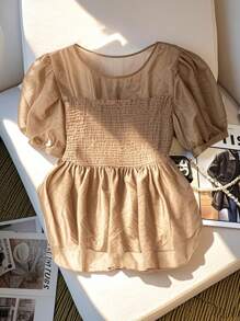 Franclia Plus Size Vintage Luxurious Elegant A-Line Ruffle Hem Short Sleeve Women Blouse - Khaki - View 1