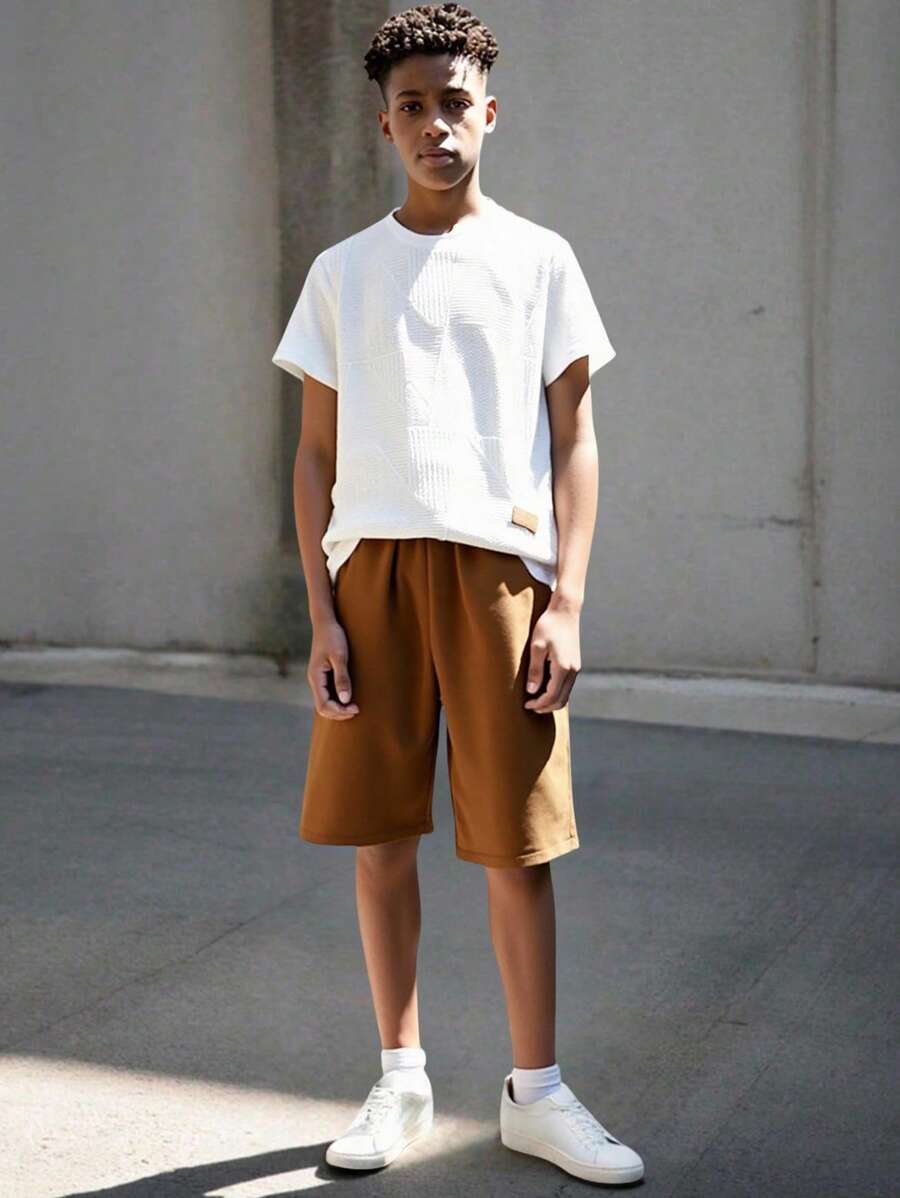 SHEIN Explorewe 2pcs/Set Teenager Boys Casual Vintage White Textured Knit Short Sleeve T-Shirt + Elastic Waist Pants, Leisure Outfit