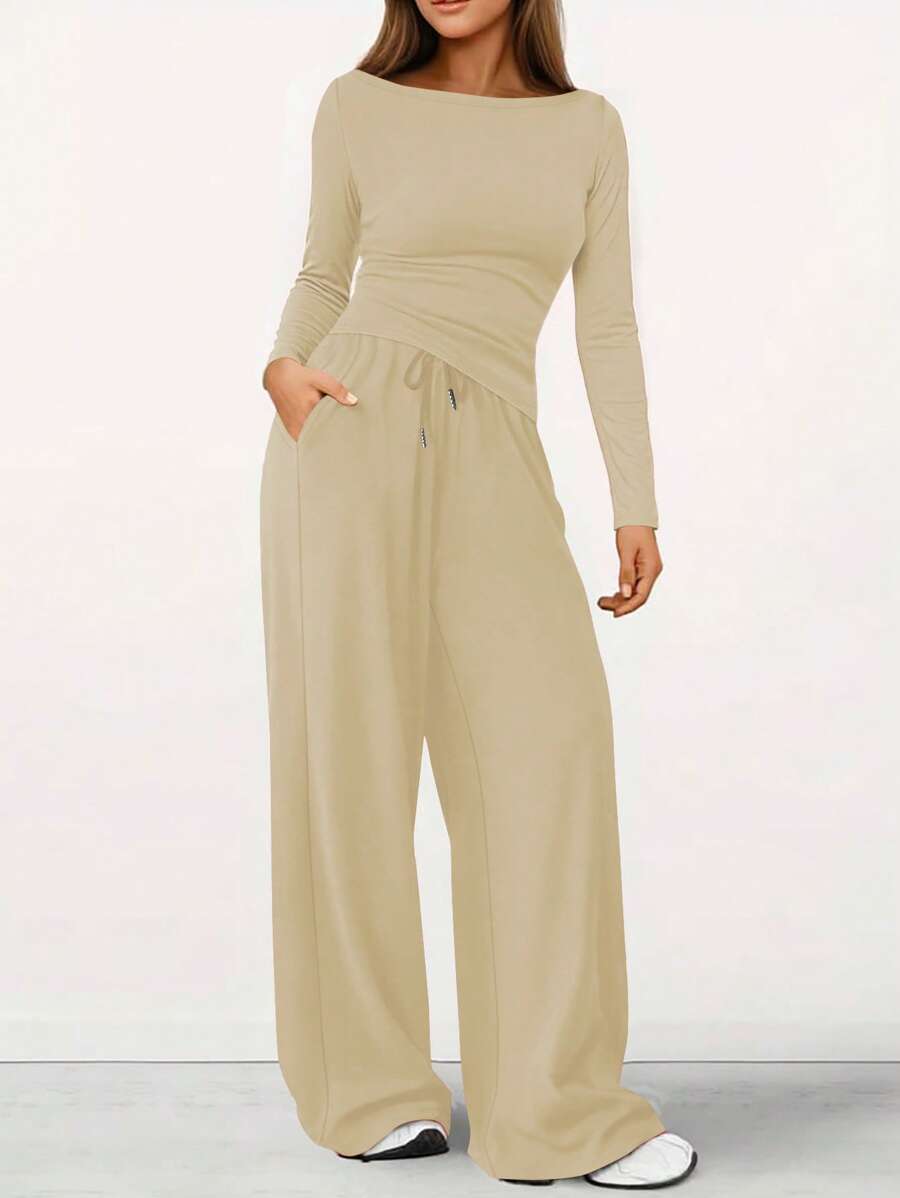 INAWLY Bộ 2 áo dài tay đơn sắc và quần dài thường ngày cho nữ - Màu be - Xem 1