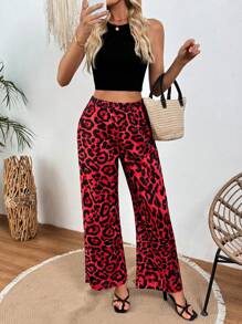 SHEIN ChicEase Women's Leopard Print Elastic Waist Pockets Casual Wide Leg Pants - Burgundy - View 5
