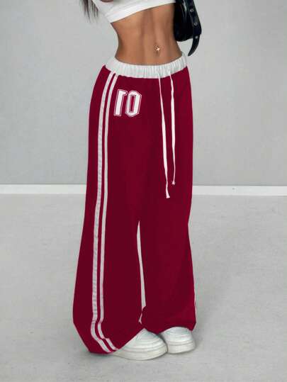 StreetHx 女式休闲运动街头风格复古数字印花拼接腰部宽松长款运动裤，春夏