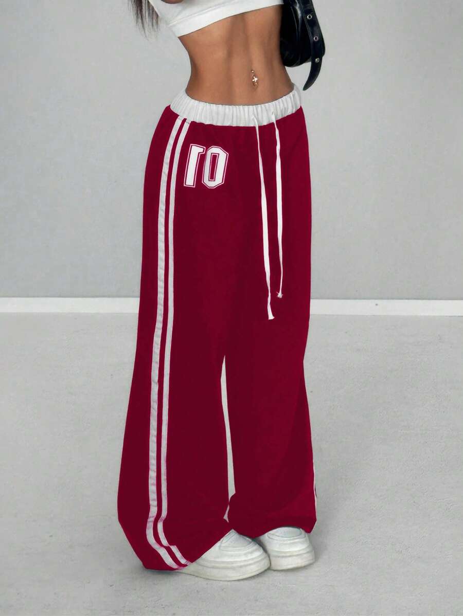 StreetHx 女式休闲运动街头风格复古数字印花拼接腰部宽松长款运动裤，春夏 - 紅色 - 查看 1