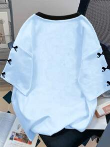 SHEIN Leap Crew 青少年女孩宽松V领短袖T恤，休闲夏装 - 彩色 - 查看 2