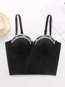 SHEIN 1 pièce Soutien-gorge avec armature, décoration de nœud papillon en dentelle contrastante pour femmes - Noir - Voir 3