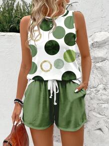 SHEIN LUNE Conjunto de 2 piezas: Top de cuello redondo sin mangas a contraste con puntos y Camiseta de manga corta, apropiado para el verano